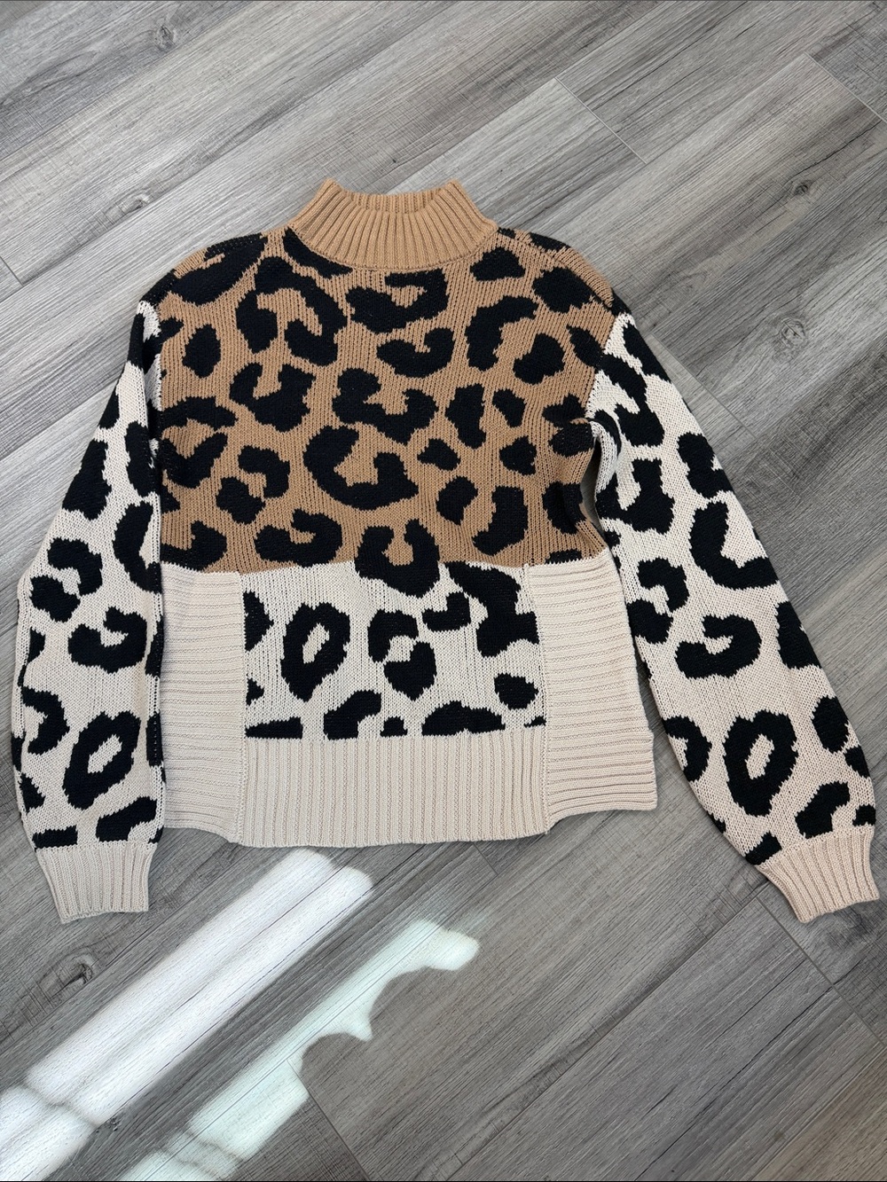Nine West Beige, Black & Cream Leopard Colorblock Mock Neck Sweater